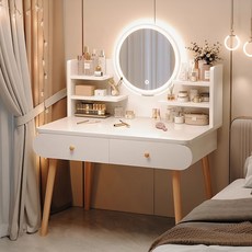 침실 600/800/1000 입식 서랍 수납 LED 거울 화장대, 화이트+LED 거울(의자 없음)