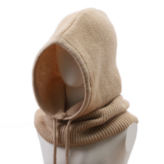 中性款鬆緊可調抽繩連帽針織圍脖, 牛仔米色
