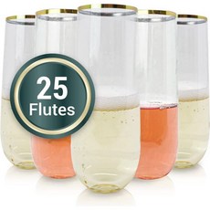 안심하세요 샴페인 플루트 플라스틱 25팩 9온스 - 골드 림 클리어 스템리스 프리미엄 파티에 딱 맞는 축하 파티, 25