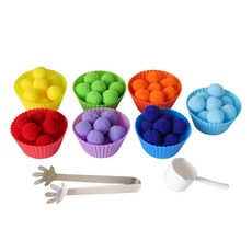 蒙氏毛球顏色配對遊戲，含7膠杯、夾子、舀勺、70毛球，蒙氏教具，顏色啟蒙玩具, 彩色, 1袋