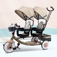 쌍둥이 자전거 세발 가림막 우산 보행기 유모카 2인용, 샴페인 골드 더블 프레임 + 아기 침대