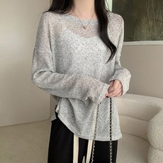 여성 여름 바캉스 커버업 루즈핏 긴팔 티셔츠 여자 여름긴팔티 티 나염 라운드 레터링 얇은