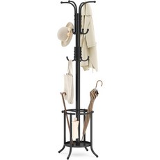 우산 꽂이 스탠드 송믹스 코트 랙 프리스탠딩 12개의 후크가 달린 홀더가 있는 현관 복도 거실 침실 잉크 블랙 URCR011B01, with round umbrella holder