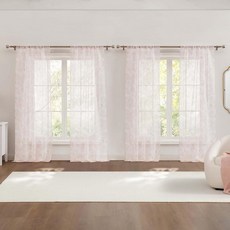 로라애슐리 Laura Ashley Barnette 로드 포켓이 있는 창문 커튼 길이 213.4cm(84인치) 패널 4개 세트 세미 시어 라이트 필터링 그린 176492, 블러쉬
