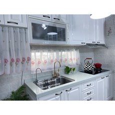 凡爾賽玫瑰刺繡短紗簾門簾, 白色，玫瑰色