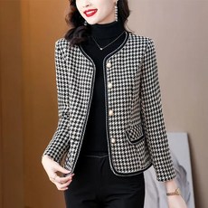 클래식 체크 무늬 중년여성 아우터 긴팔 라운드 자켓 프리미엄 하객룩 자켓 봄 가을 모직 트위드 숏 코트 5xl까지