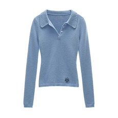 MAMC 크로셰 V넥 반팔 퍼프소매 블루 투 셋업 레드 슬림핏 니트