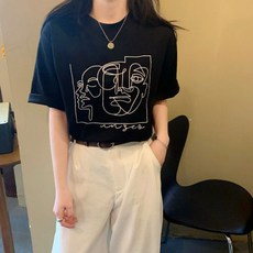 여성 데일리 루즈핏 페이스 드로잉 반팔티셔츠