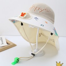 兒童帽帶風扇夏季遮陽帽, 星球小熊米色