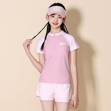 삐삐네옷가게 여아 주니어 테니스걸 하프집업 반팔 수영복 래쉬가드 상하 + 수영모