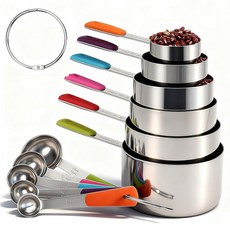 Bopei 계량 컵과 스푼 세트 요리 및 베이킹용 스테인리스 스틸 11피스 (컵 6개 + 5개 다채로운 손잡이) 121276, 다채로운 색상, 11