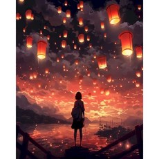 발광 연꽃 연못 하늘 랜턴 야경 페인팅 거실 홈데코용 벽 예술 그림, I. 40x60cm Full Round