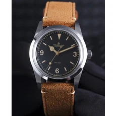 Hruodland F029 가죽 스트랩 드레스 남자 시계 36mm 스틸 Explorer 시리즈 식 스포츠