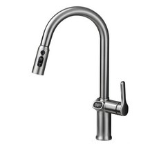 凱琦嚴選 數顯伸縮水龍頭，洗碗槽廚房抽拉萬向冷熱兩用天鵝頸水龍頭 (60CM水管), 1個, 槍灰色