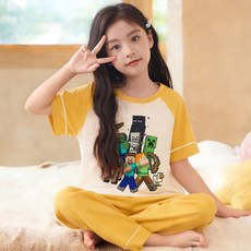 마인크래프트 어린이 잠옷 남아용 여름 순면 반팔 파자마 세트 캐릭터 홈웨어 유아 키즈 초등 반바지 실내복 구성, #T53018# 마인드워크