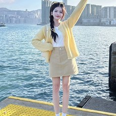 여성 봄 스커트 세트 프렌치 얇은 니트 카디건 + a라인 스커트 투피스 데일리 여자 투피스 세트 YXF