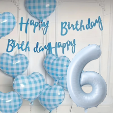 파파 파티 생일 가랜드 풍선 세트, 1세트, 블루 체크 하트 8p +가랜드 + 하늘색 숫자 풍선 6