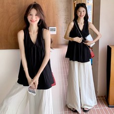 패션 임부복 상하의 세트 봄 여름 임산부 프렌치 민소매 상의 + 와이드 바지 임부 프리미엄 코디 투피스 WMY