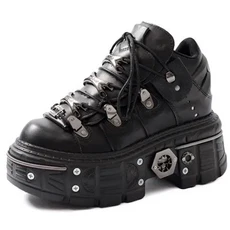 펑크 여성 레이스 업 발목 Botas Mujer 2025 리벳 금속 장식 라운드 발가락 두꺼운 바닥 부츠 나이트 클럽, 05 36, 02 black 2