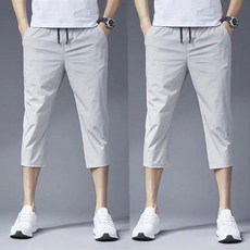 夏季男裝冰絲運動休閒七分短褲 大碼彈力沙灘褲, 兩件裝 冰絲830灰色+830灰色,2XL建議135-145斤