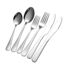 GPY 스테이크 나이프가 있는 골드 실버웨어 세트 24피스 스테인리스 스틸 플랫웨어 세트 서비스 거울 마감의 티타늄 도금 골드 커틀러리 식기 세척기 사용 가능 결혼식, 실버, 24