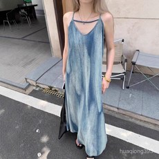 Yellwell시원한 여름용 데님 느낌 슬립 원피스 스트랩 미니멀 라인 롱 드레스LST