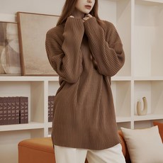 女款寬鬆長版羅紋高領保暖針織衫