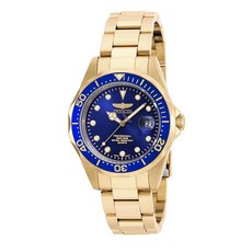Invicta 여성용 프로 다이버 37.5 mm 골드 톤 스테인리스 스틸 쿼츠 시계 골드 (모델: 17051 17052) 17052 골드톤/블루.