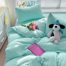 1급 믹스매치 단색 워시드 면 4종 세트 초부드러운 구름 면 기숙사 3종 세트 4종 세트, 카테고리 A-아쿠아 그린, 0.9m 침대 시트 3종 세트(이불커버 1.5x2m)