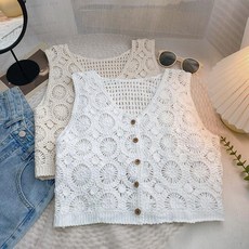 여성 브이넥 그물 니트 레이스 뜨개 조끼 펀칭 꽃자수 라운드넥 루즈핏 봄여름 베스트 조끼
