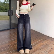 해피유통 여성용 봄가을 하이웨스트 와이드 레그 빈티지 청바지 통 커버 팬츠