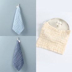 素色紗布方巾3條裝帶掛扣嬰兒口水巾兒童洗臉小毛巾柔軟舒適吸汗巾手帕巾新生兒純棉口水巾餵奶小方巾, 淺藍+黃色+深藍, 1個