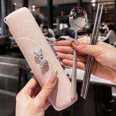 攜帶式不鏽鋼餐具組 學生適用 附收納盒, 1個, 本色2件套 淡粉色