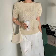 옷자락 여자 라운드넥 케이블 스웨터 크롭 반팔 꽈배기 니트