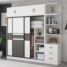 衣櫃家用臥室現代簡約出租房用北歐櫃子推拉門簡易組裝經濟型衣櫥, 【主櫃1.8米高】自己安裝,長1.8米主櫃+頂櫃【三門】