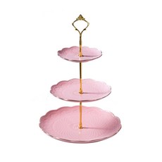 도자기 3층 과일 쟁반 디저트 과자 받침대 케이크 받침대 사탕 쟁반, 핑크(금색 윤곽), 3개