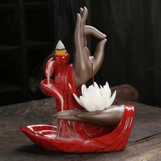 陶瓷紅色佛手蓮花如來倒流香薰爐擺件, 紅色佛手白花