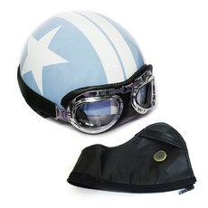 한미 고글모 빈티지 클래식 오토바이 스쿠터 유광 반모헬멧 + 탈부착 패션용고글 귀마개 포함, 화이트별블루 FREE(58~62cm)