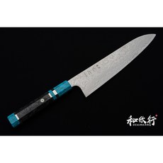 和欣行 現貨 初心 ATS - 34 鎳大馬士革紋 牛刀 240mm (多種刀柄可選), 1個, 碳纖維上下藍松石三鎳銀仿木釘