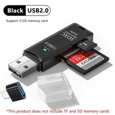 Tutew 다기능 2 in 1 고속 USB 3.0/2.0 카드 리더기 TF+SD 지원 컴퓨터 태블릿 카메라 노트북 차량용, 04 black USB 2.0