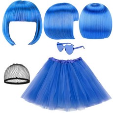 ZhouBoat 할로윈 코스튬 세트 블루 튀튀 스커트 짧은 단발 가발 및 선글라스 여성용 (4피스 파티 의상)