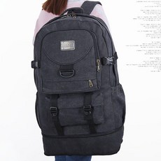 大容量復古厚帆布雙肩包 可擴容60L 超大容量登山包 男女大背包 旅行包旅遊, 黑色