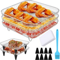 랜시즘 3단 적층 건조기 선반 세트8개 발커버 포함 세척용 스펀지 및 오일 브러시 8인치 정사각형 코소리 인스턴트 보틱스 누웨이브 에어프라이어 닌자 푸디 그릴에 적합한 304, 02 3층 선반 정사각형 세트