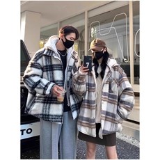 CBHV 추동 계절 가짜 투피스 체크코트 커플후드점퍼