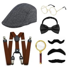8피스 탐정 코스튬 액세서리 세트 20년대 성인 남성 여성 모자 Y백 멜빵 타이 돋보기 안경 콧수염 드레스 업 코스프레 카니발 할로윈용