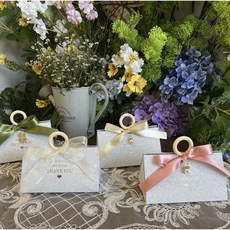 델리아 하이엔드 실버 펄 포장 상자 4p 고급스러운 우드 링 손잡이 핸들 예쁜 기프트 박스 답례품, 4개, 그린,옐로우,핑크,투명