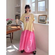 韓版撞色小狗連身裙中大尺碼，時尚寵物連身裙，狗狗外出服飾, 黃+粉, 1個