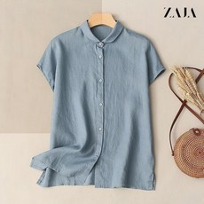 ZAJA 여성 면마 셔츠 여름 반팔 얇은 단색 루즈핏 캐주얼