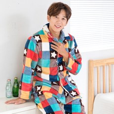 ELINE 男款拼色風珊瑚絨睡衣套裝