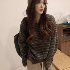 투니스 여성 루즈핏 스트라이프 긴소매 후드 니트